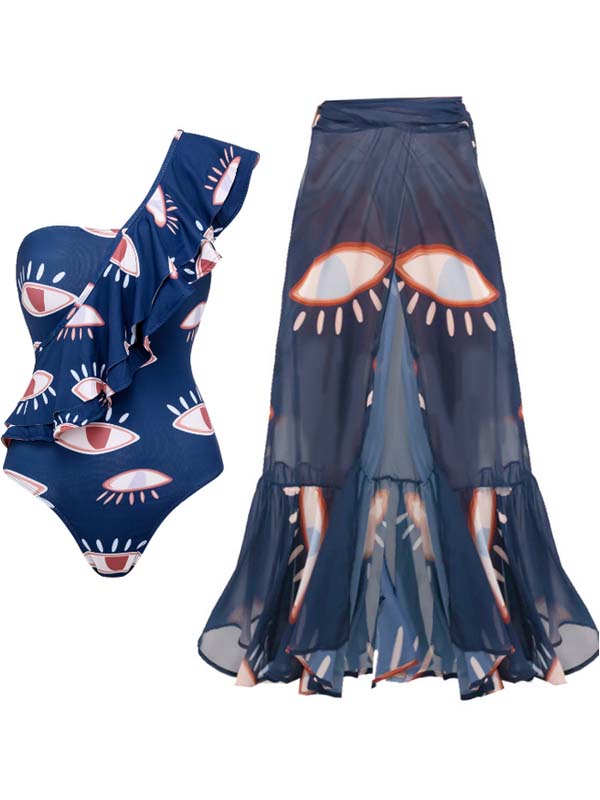 [Copy]One-Shoulder Ruffled Eye-Print Swimsuit