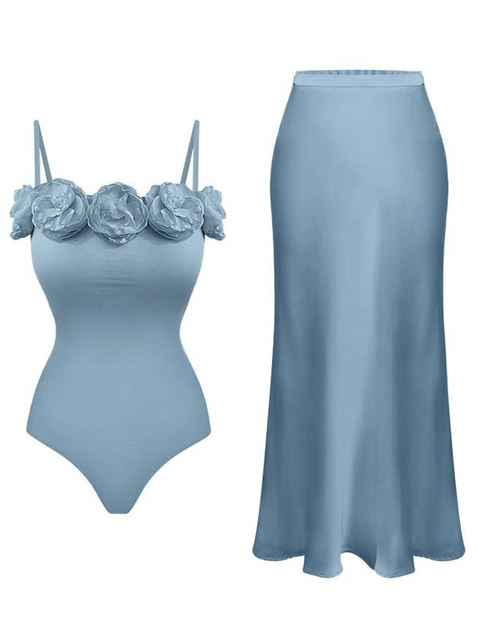 Fashion Solid Color Floral Decor One Piece Swimsuit