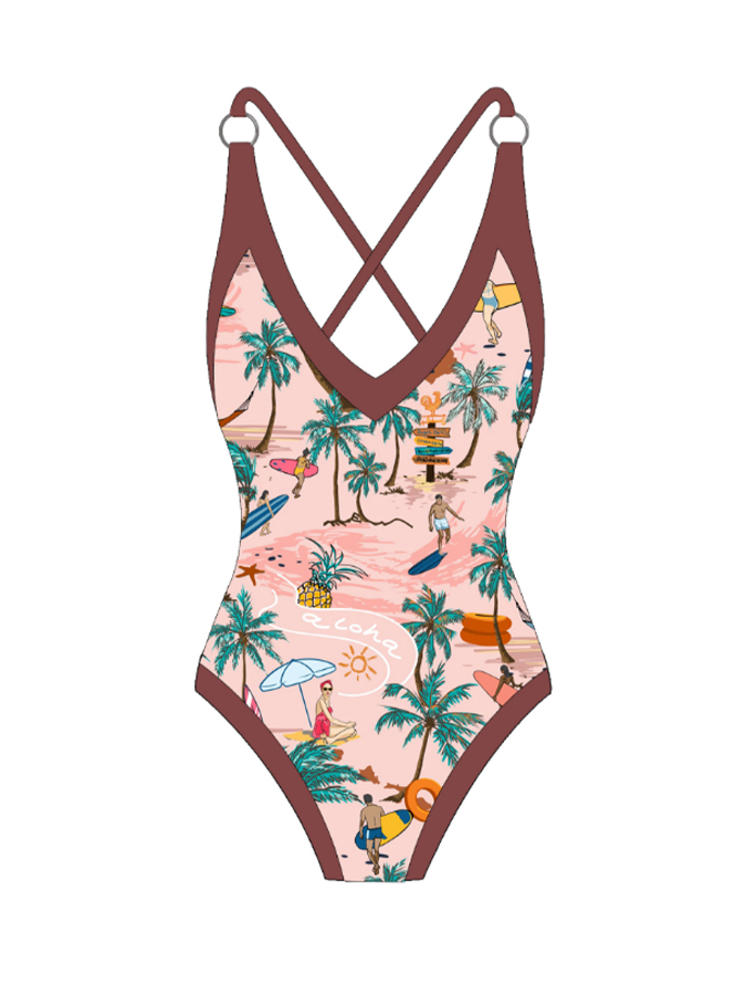 V-neck Hollow Printed Fashion One-Piece Swimsuit