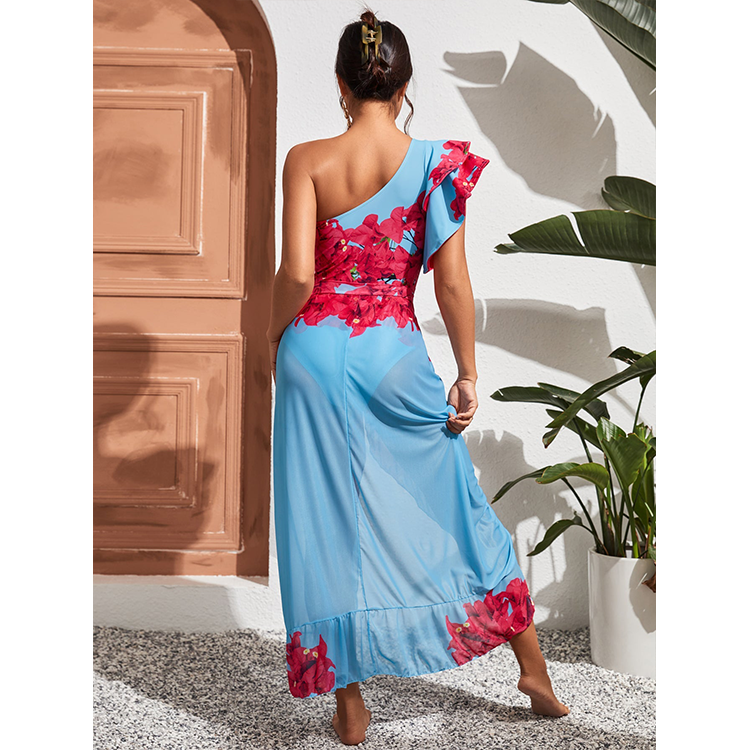 Fashion Floral Print Ruffle Colorblock One-Piece Swimsuit