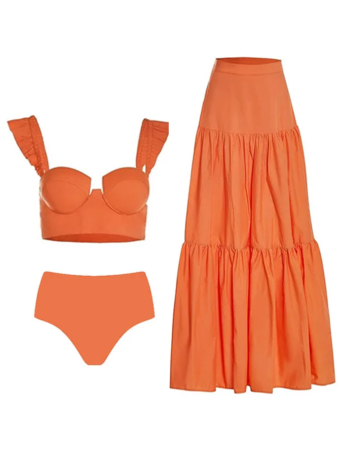 Sling Ruffle Solid Color Bikini and Beach Skirt