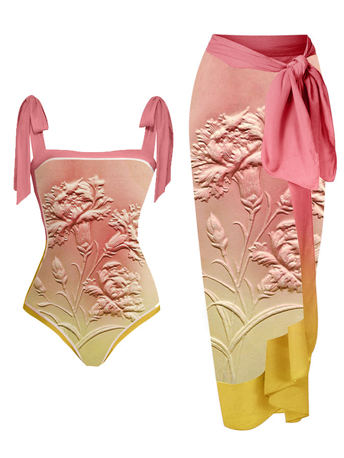 Fashion Vintage Floral Design Gradient Swimsuit and Cover Up