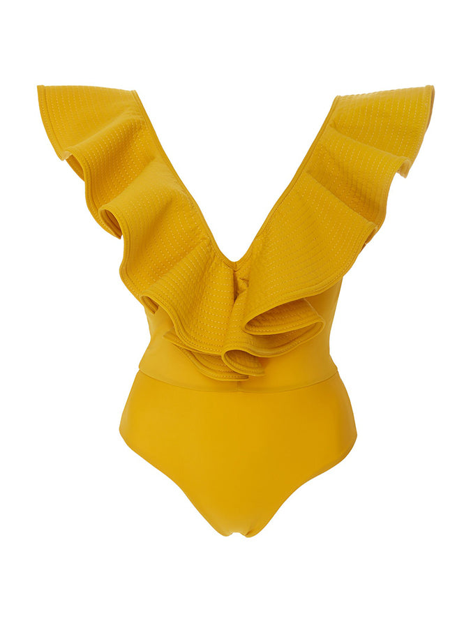 Solid V-Neck Cutout One-Piece Swimsuit