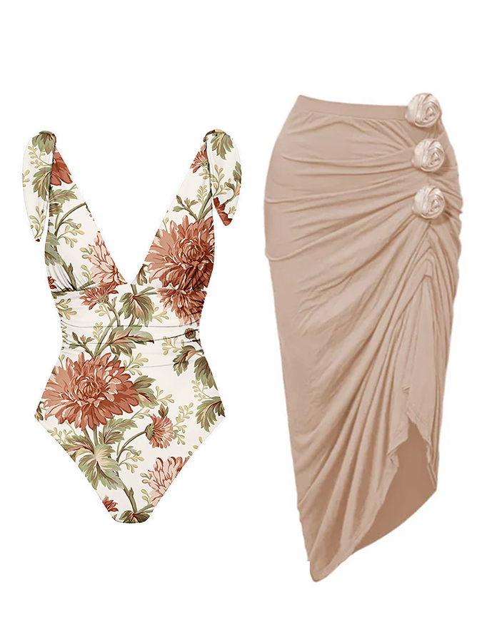 Bowknot Tie-shoulder Floral Print One Piece Swimsuit and Skirt