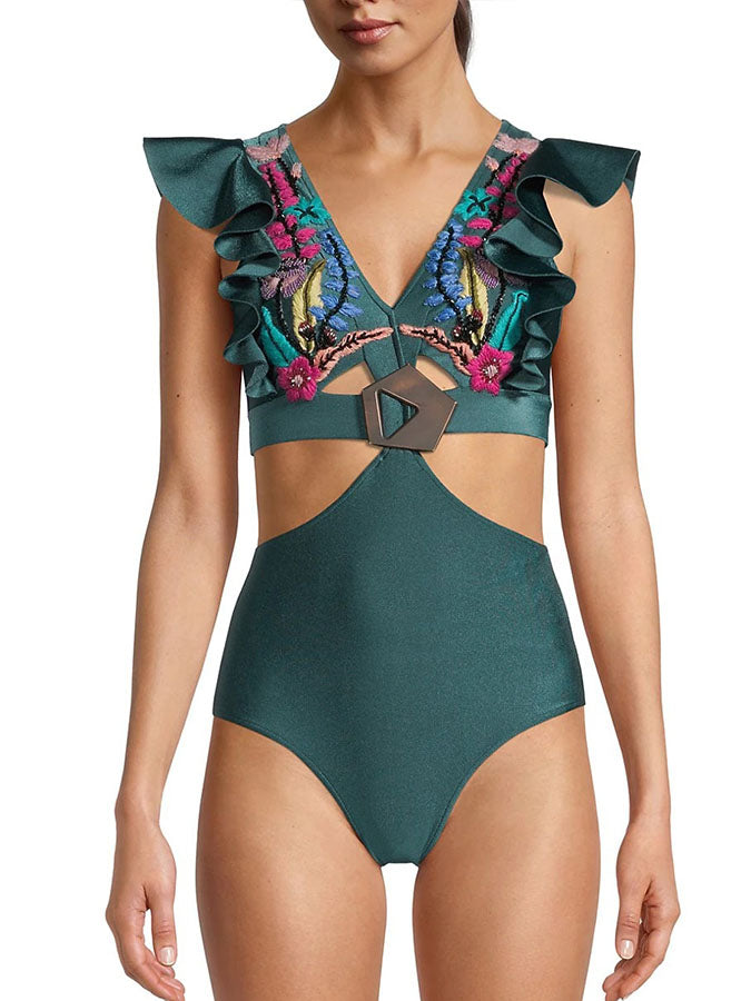 V Neck Ruffled Embroidered One-Piece Swimsuit