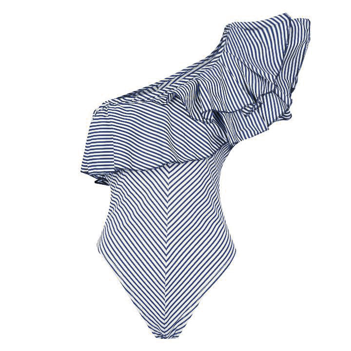 One Shoulder Ruffle Stripes Sexy One Piece Swimsuit