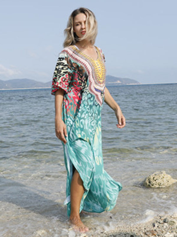 Half Sleeve V-Neck Floral Printed Split-Side Cover-Up Swimwear