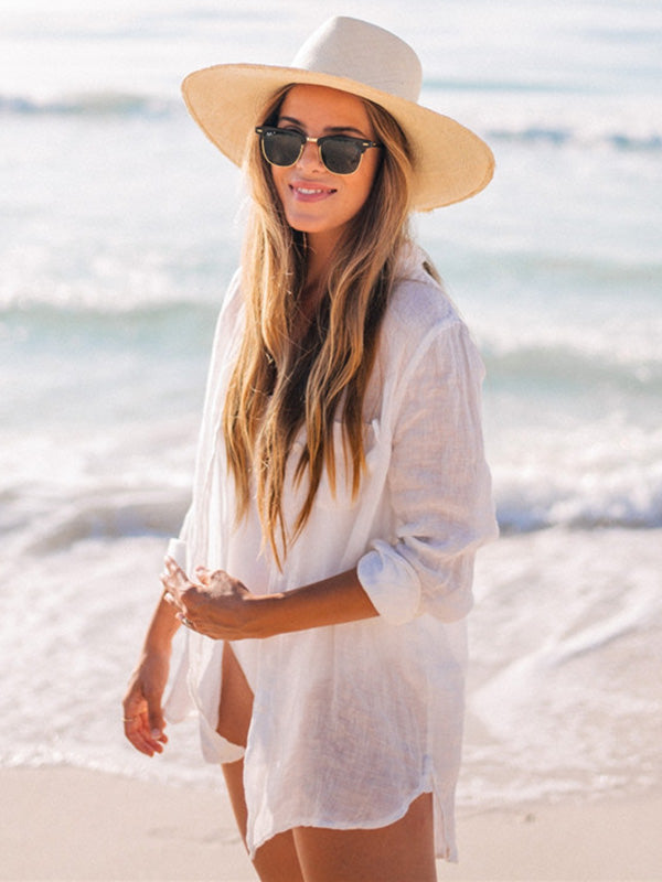 Simple Solid Color Button Long Sleeve Shirt-Style Cover-Up Swimwear
