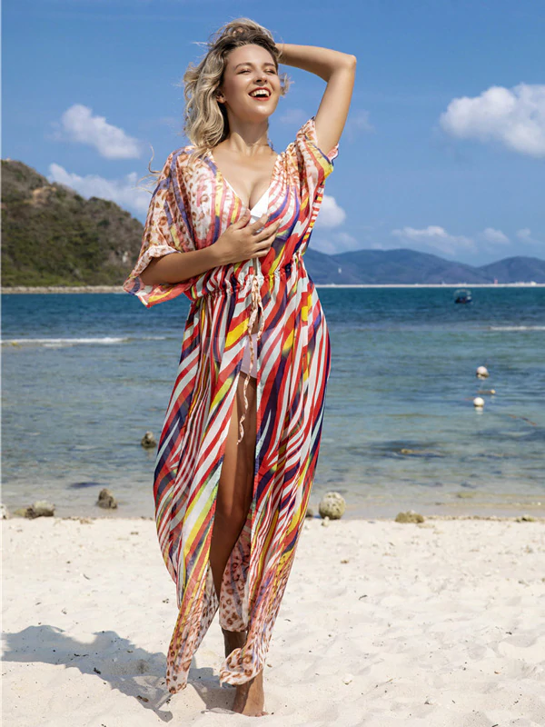 Chiffon Short Sleeve V-Neck Drawstring Cover-Up Swimwear