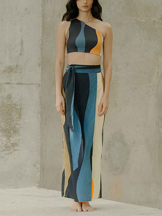 Vintage Colorblock Print Swimsuit Set