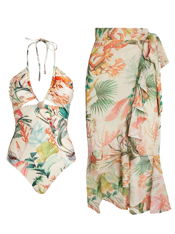 V-Neck Floral Print One-Piece Swimsuit and Cover-up