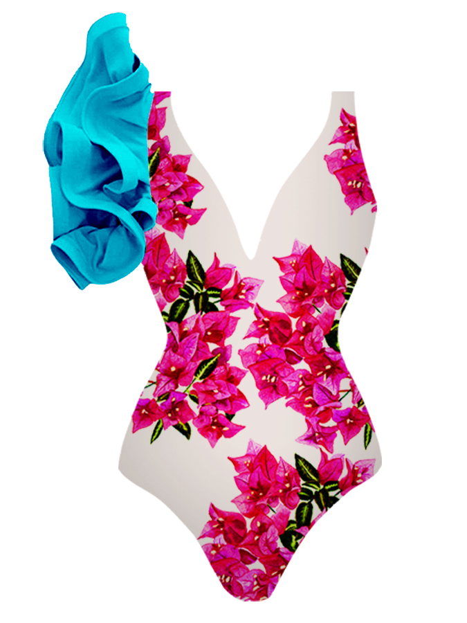 Bougainvillea print one-piece swimsuit and cover-up