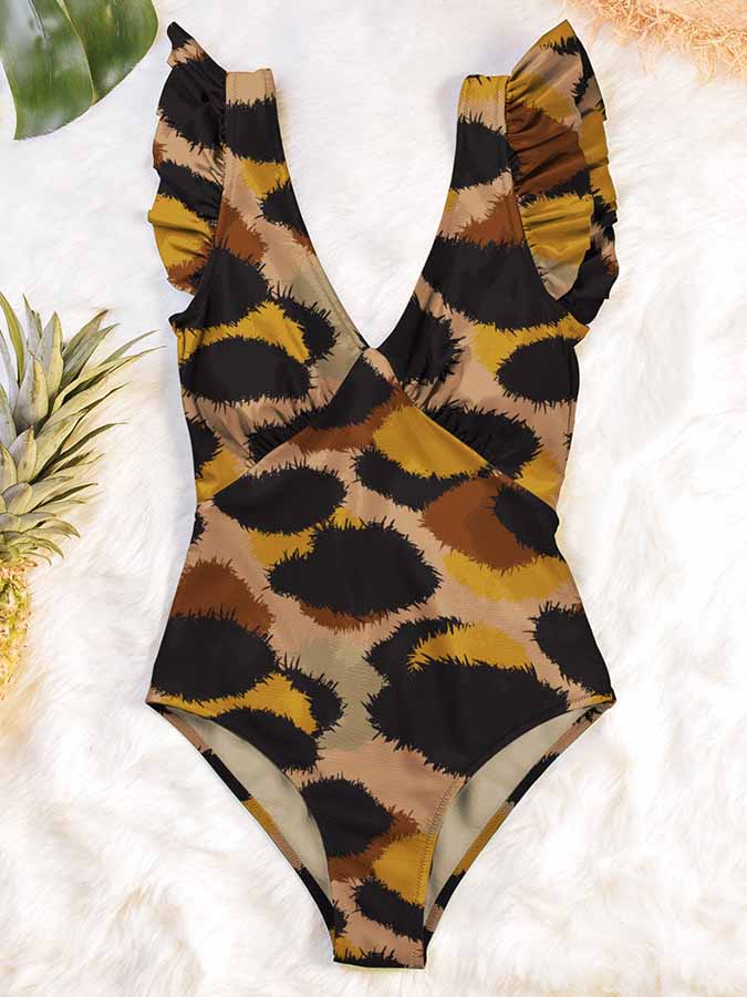 Deep V Leopard Print Ruffle One-Piece Swimsuit
