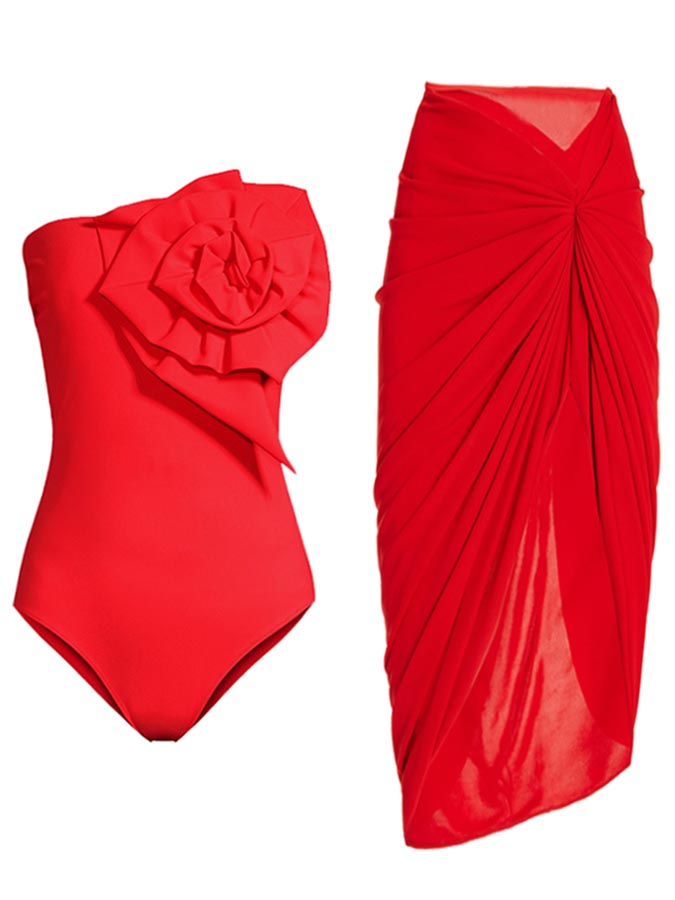 3D Flower Red One Piece Swimsuit and Cover Up