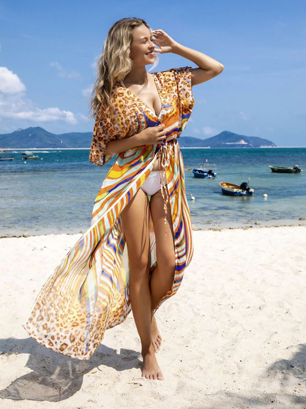 Chiffon Short Sleeve V-Neck Drawstring Cover-Up Swimwear