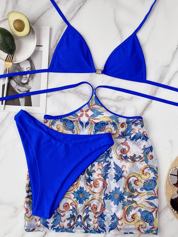 Halterneck Triangles Split Bikini Three-Piece Set