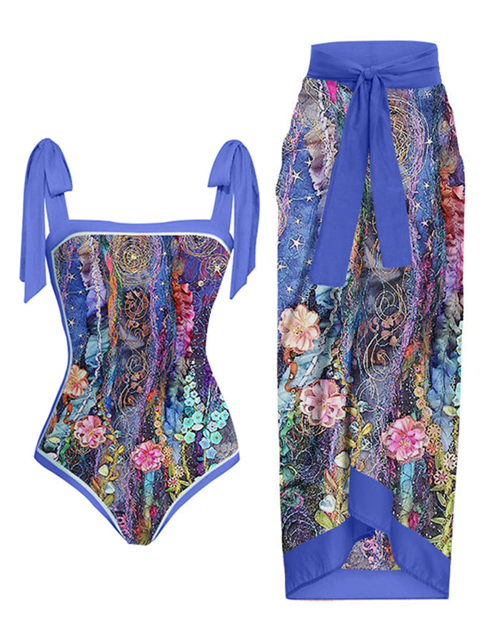 Fashion Floral Print One-Piece Swimsuit Set