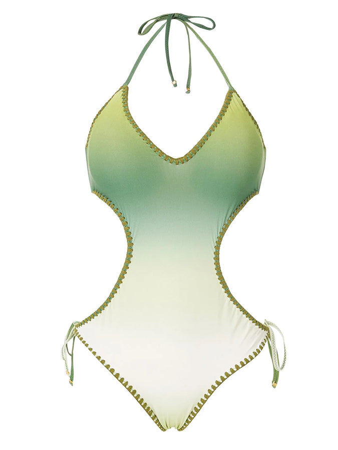 Fashion Colorblock Gradient Print Fringe One Piece Swimsuit Set