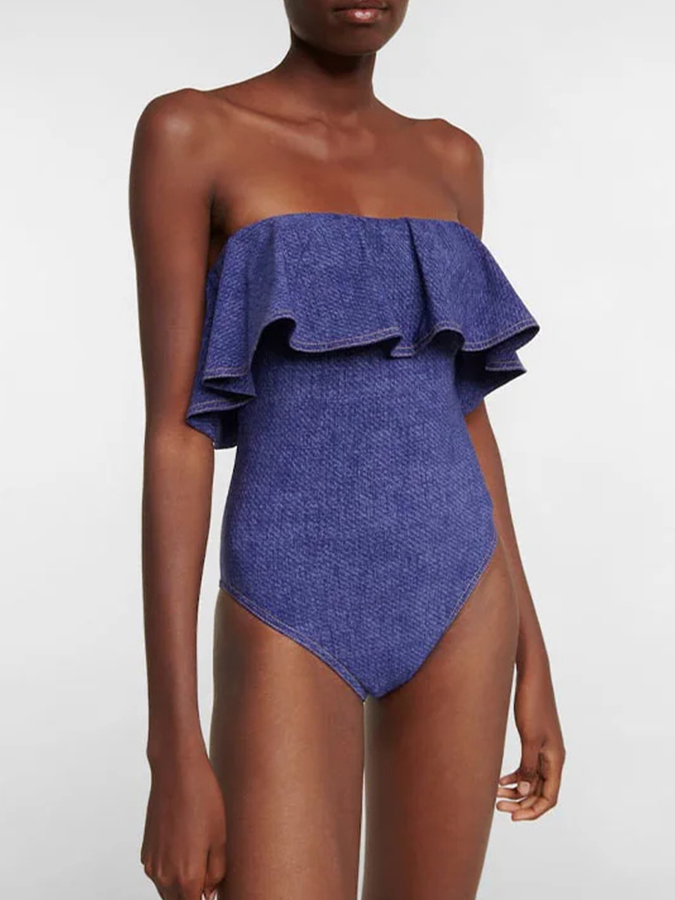 Denim Print One Piece Swimsuit and Skirt