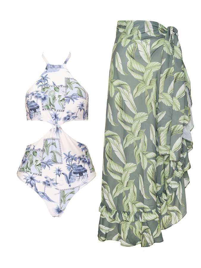Vintage Floral Print Ruffle One Piece Swimsuit And Cover Up