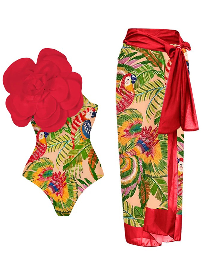 3D Flower Printed One Piece Swimsuit and Cover Up