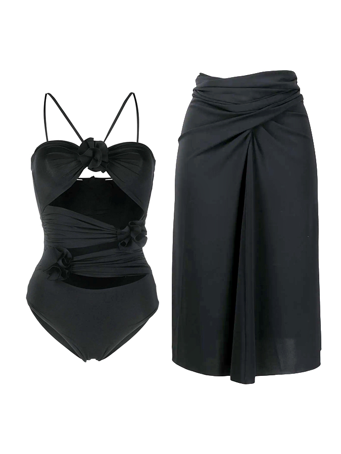 Plain Wrap Rose Embellished Camisole Casual One Piece Swimsuit And Cover Up