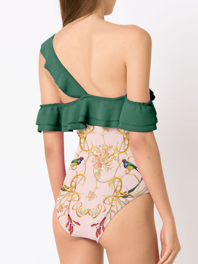 Ruffled Colorblock Print One Piece Swimsuit and Cover Up