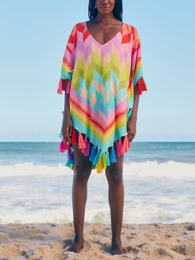 Fashion Rainbow Colorblock Beach Bikini Fringe Set