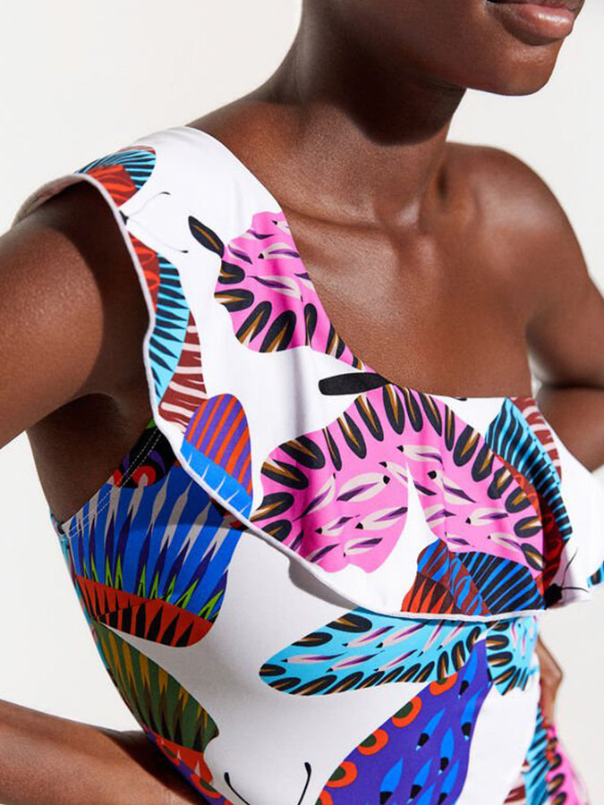 One-Shoulder Ruffle Print One-Piece Swimsuit and Skirt
