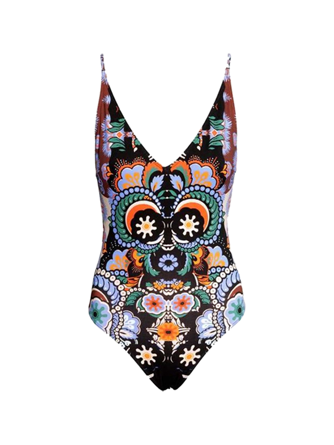 Vintage Ethnic Print One Piece Swimsuit And Cover Up