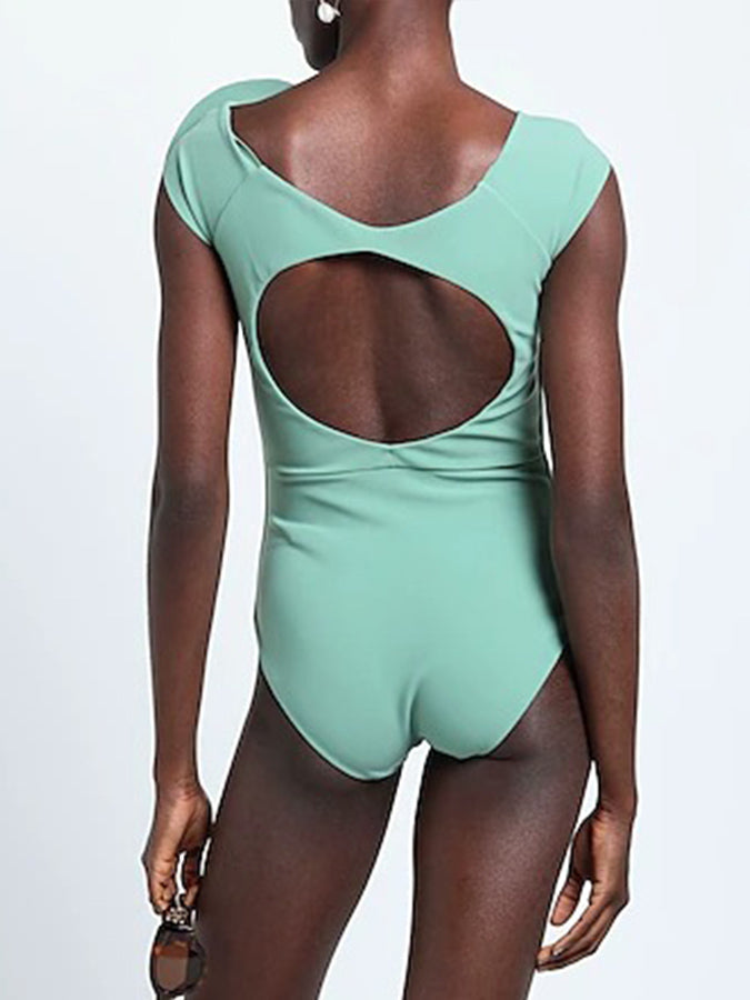 3D Flower Solid Color Open Back One Piece Swimsuit