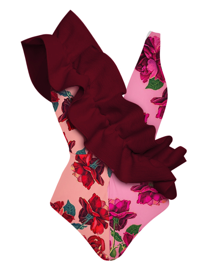 Ruffled Floral Colorblock Print One-Piece Swimsuit and Cover-up