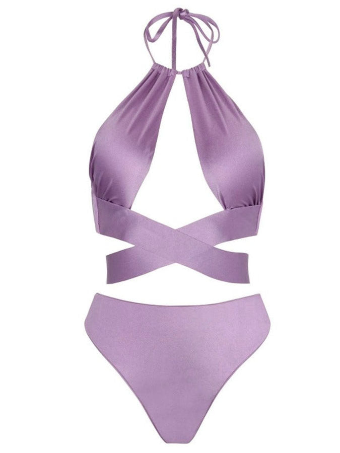 Solid Color Backless Bikini Set
