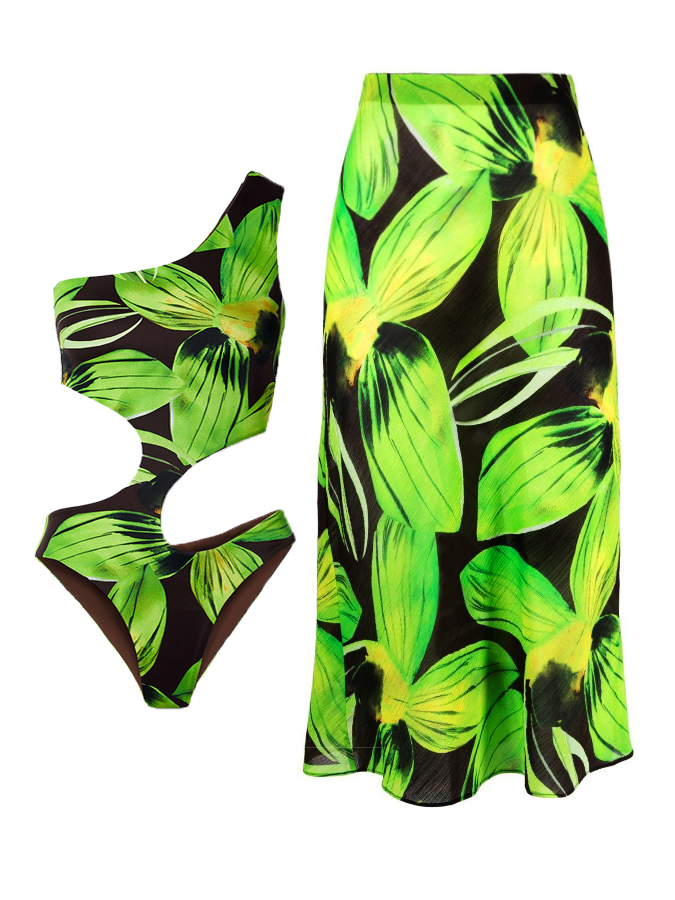 Floral Print One Piece Swimsuit and Skirt