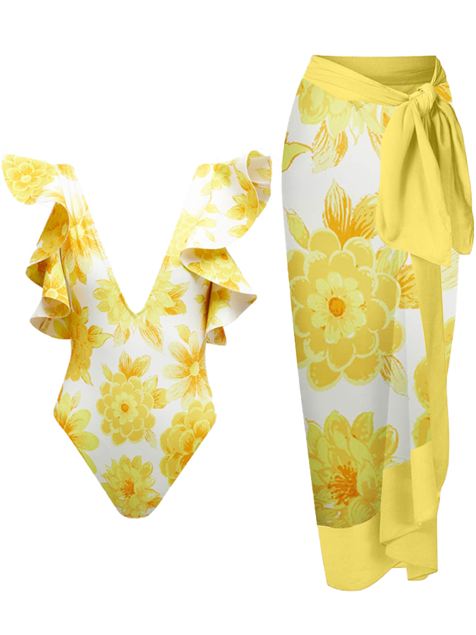 Deep V Ruffled Floral Print Swimsuit and Cover-up