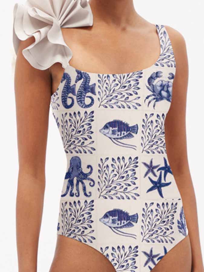One-Shoulder Fashion Print One-Piece Swimsuit