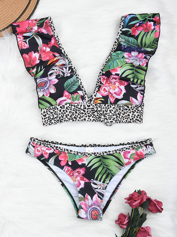 Floral Printed Deep V-Neck  Hipster Bikini