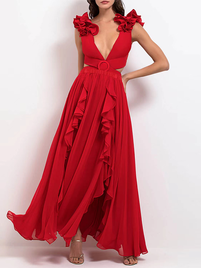 Deep V Red Cutout One Piece Swimsuit and Skirt