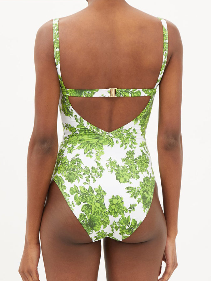 Green Floral Print Fashion One-Piece Swimsuit Set
