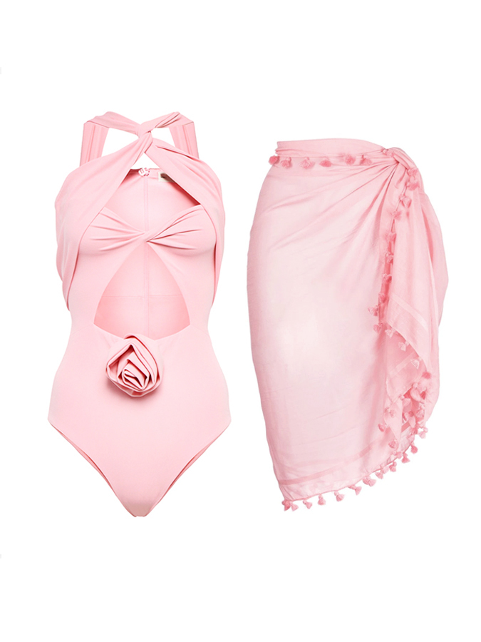 Plain Rose Decorative One Piece Swimsuit And Cover up