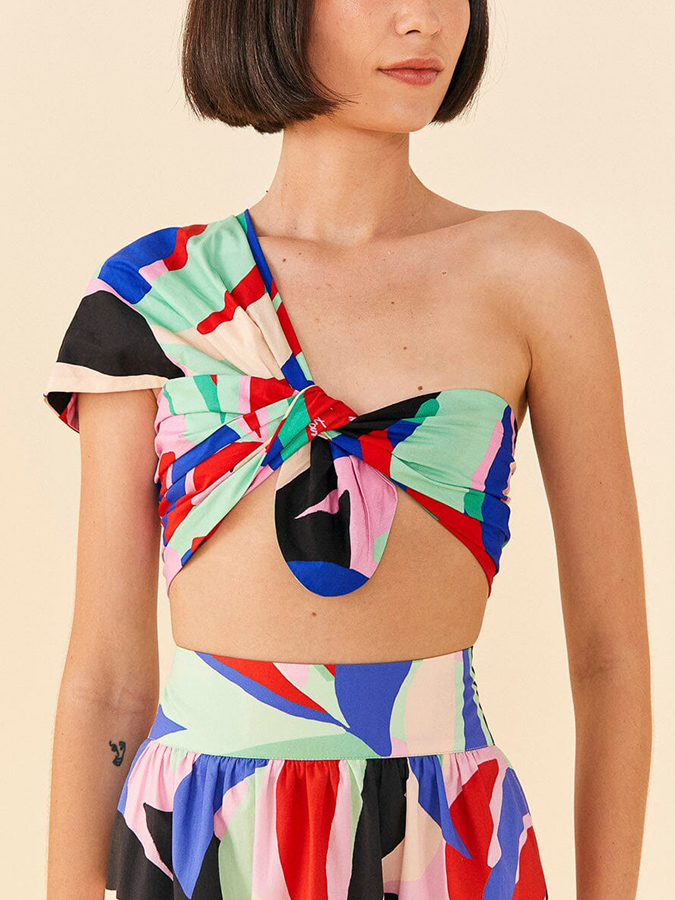 Vintage Colorblock Print Beach Bikini and Skirt