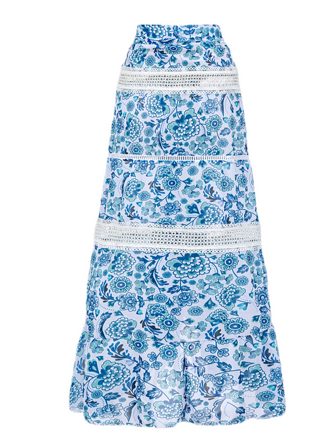 Blue Printed Panel Lace Swimsuit and Skirt