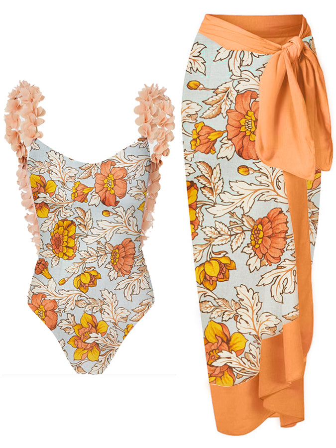 Fashion Floral Print One-Piece Swimsuit Set