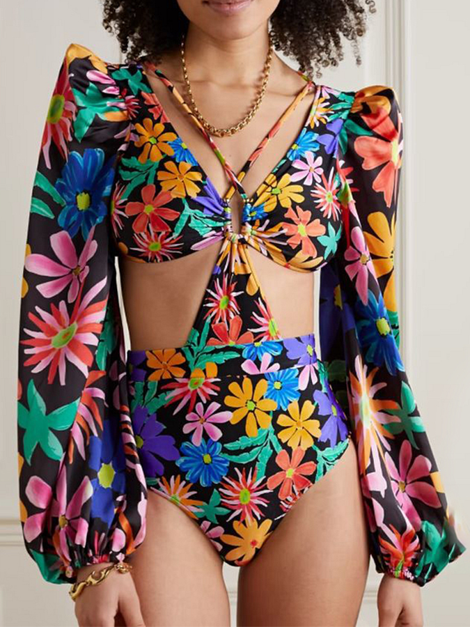Floral Print One Piece Swimsuit and Cover Up