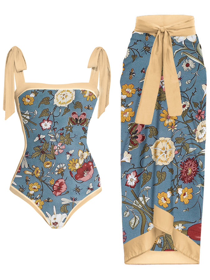 Vintage Colorblock Floral Print One-Piece Swimsuit Set