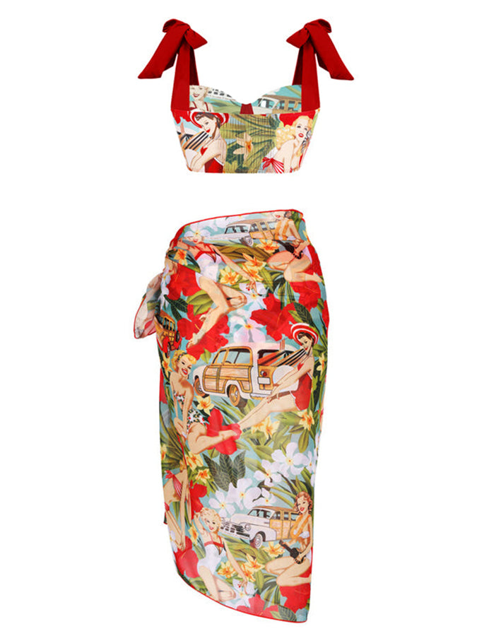 Fashion Colorblock Print One Piece Swimsuit and Cover Up