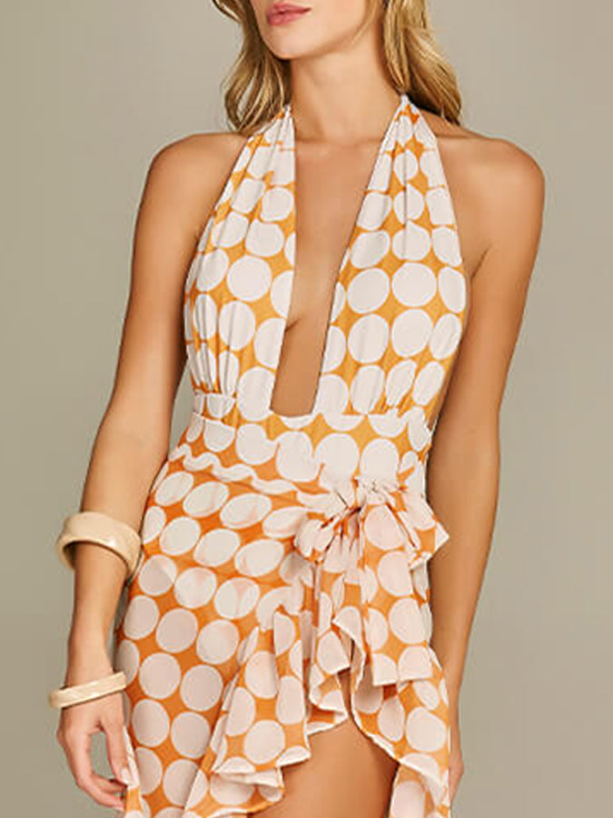 Deep V Print One Piece Swimsuit Set