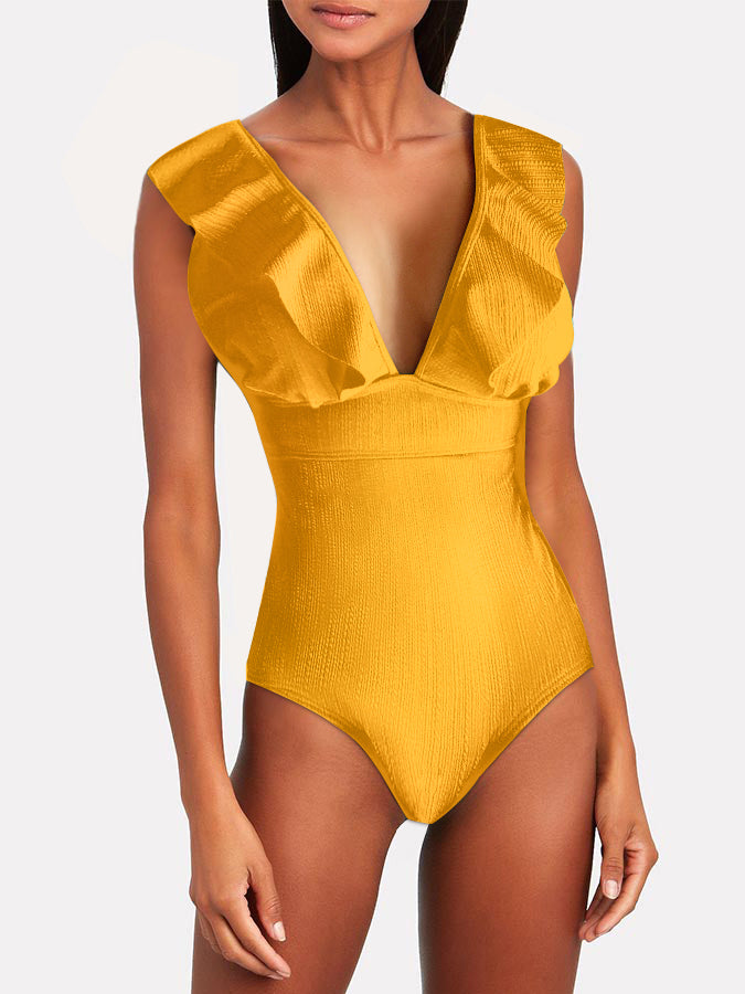 Deep V Ruffle Solid Color One Piece Swimsuit
