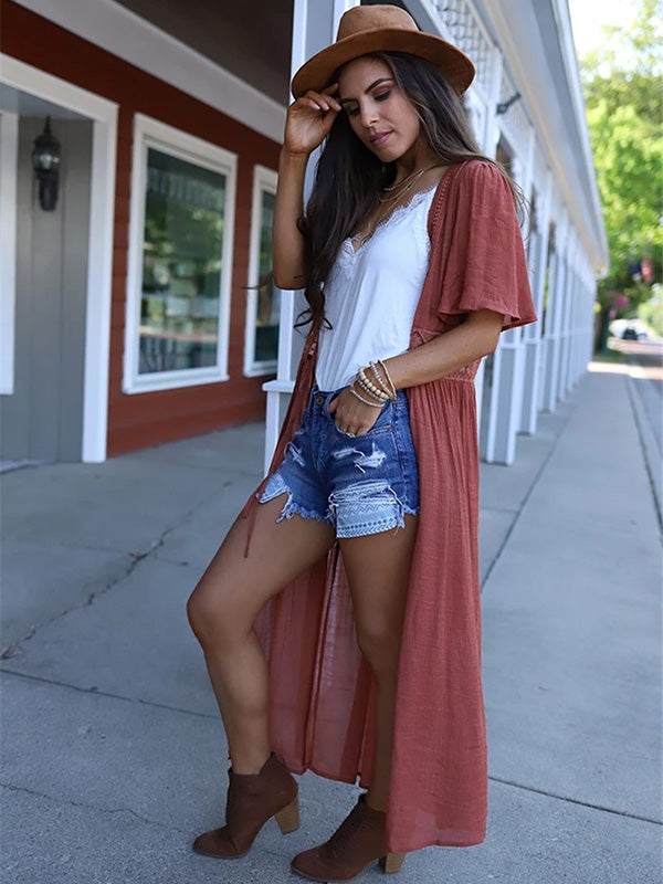 Deep V-Neck Solid Color Empire Bandage Lace-Up Cover-Up Swimwear