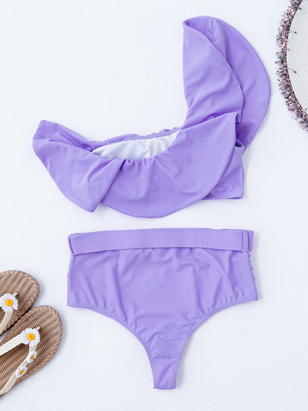 Solid Color One-Shoulder Falbala High-Waisted Bikini